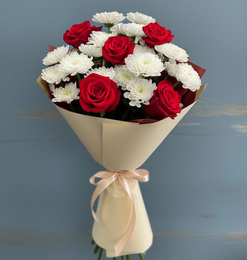 Букет цветов из: Розы и Хризантемы в Родниках Краснодарского края