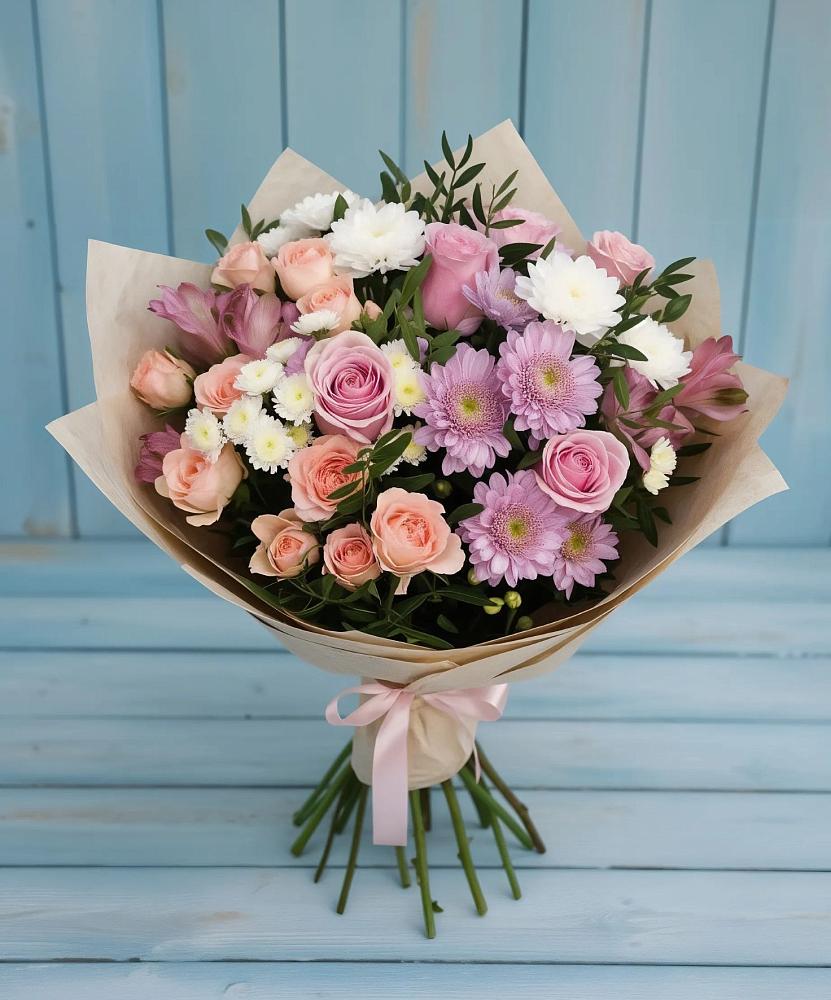 Букет цветов из: Хризантемы, Розы и Альстромерии в Родниках Краснодарского края