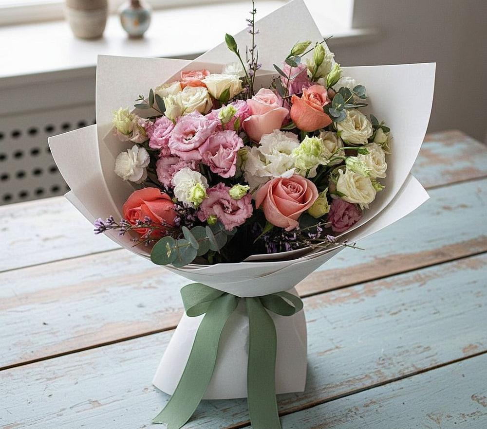 Букет цветов из: Розы, Лизиантусы и Гвоздики в Родниках Краснодарского края