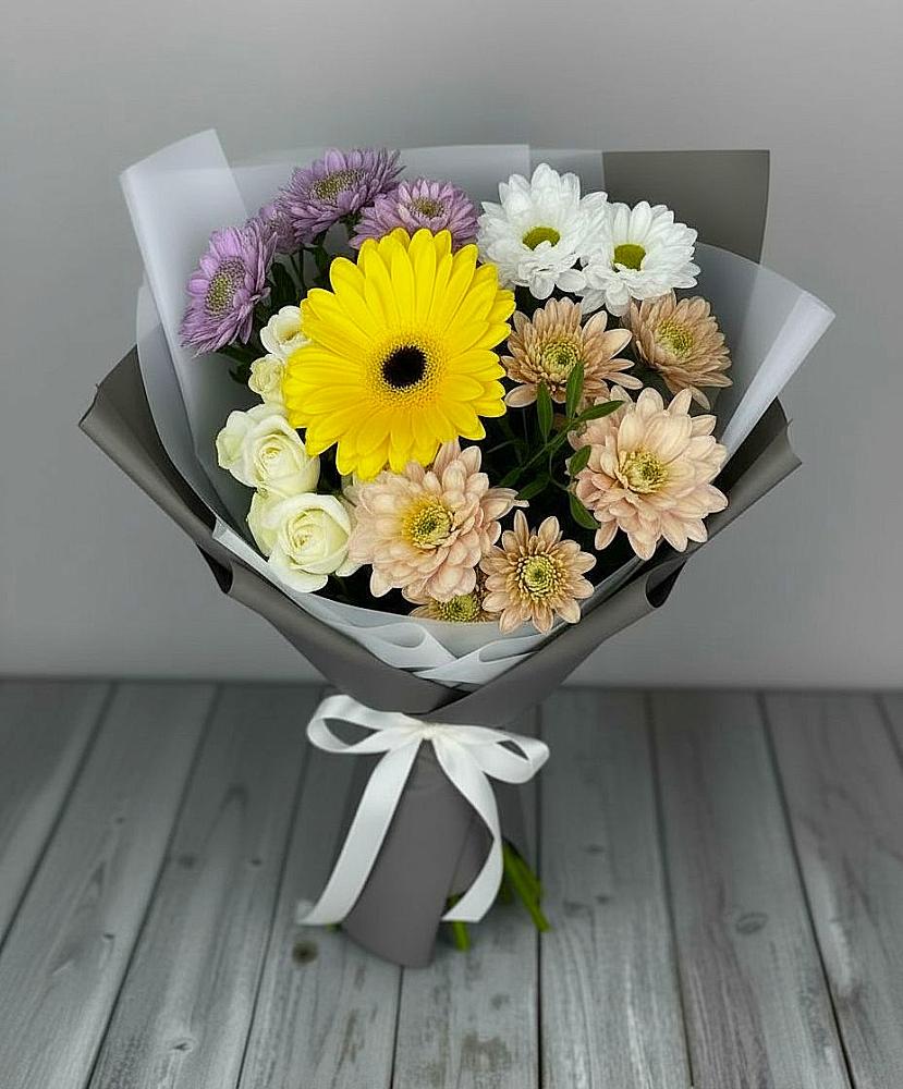 Букет цветов из: Розы, Герберы и Хризантемы в Родниках Краснодарского края