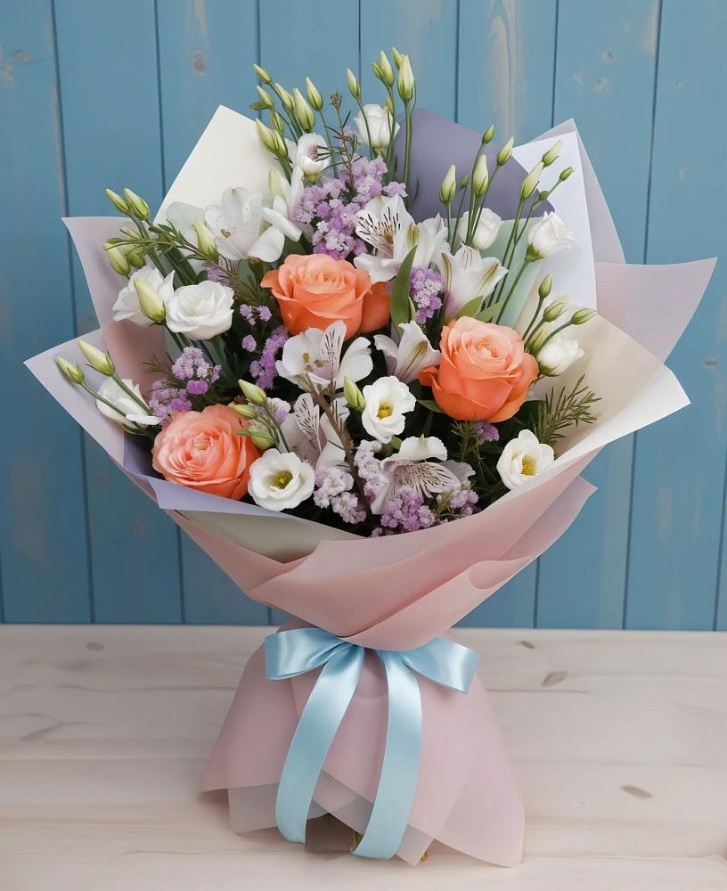 Букет цветов из: Лизиантусы, Розы, Альстромерии и Гипсофила в Родниках Краснодарского края