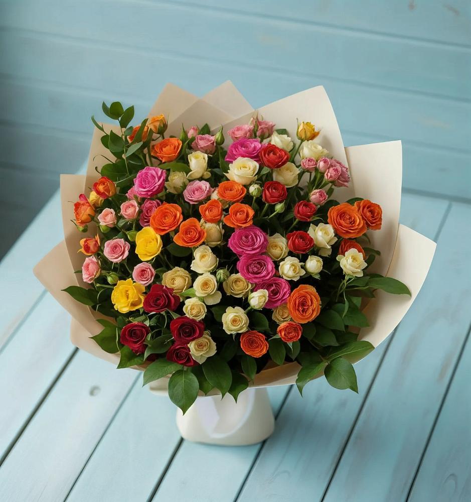 Букет Микс из разноцветных кустовых роз в Родниках Краснодарского края