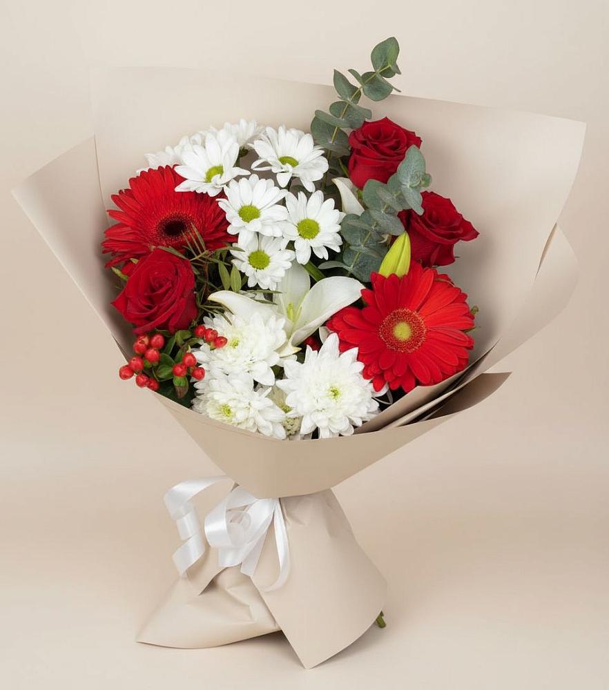 Букет цветов из: Розы, Хризантемы, Герберы и Лилии в Родниках Краснодарского края