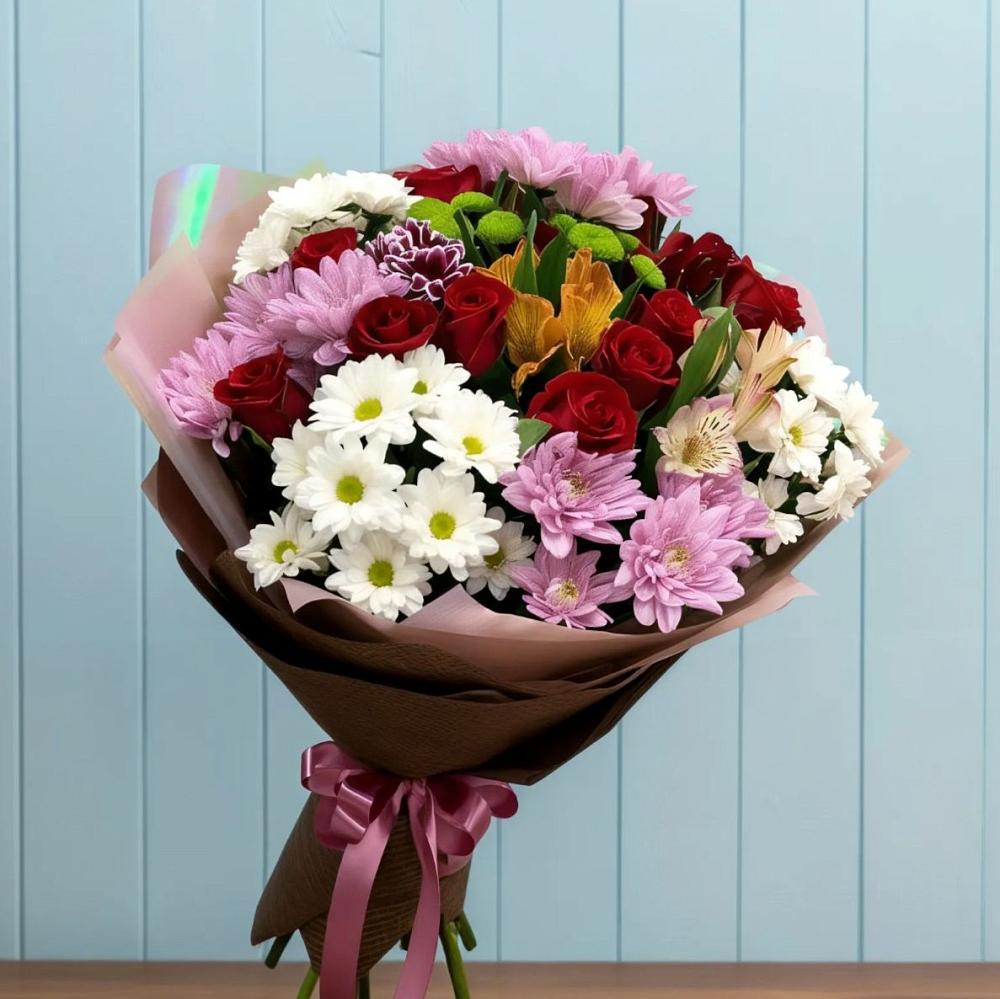 Букет цветов из: Розы, Хризантемы и Альстромерии в Родниках Краснодарского края