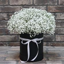 Цветочная композиция из Гипсофила в шляпной коробке в Родниках Краснодарского края