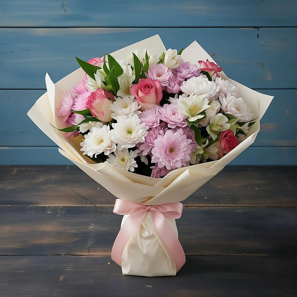 Букет цветов из: Хризантемы, Альстромерии и Розы в Родниках Краснодарского края